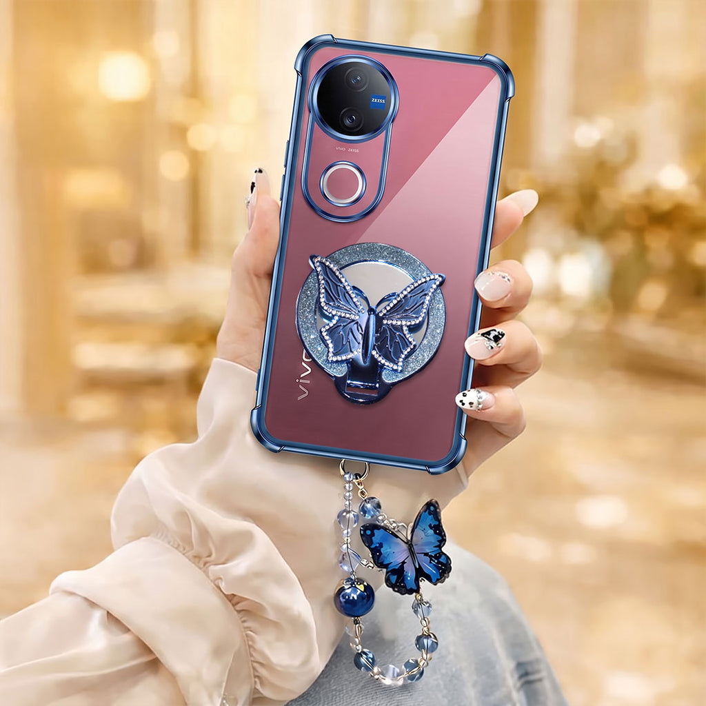 Vivo V50 5G Transparent Airbag Butterfly Stand Case with Charm Strap