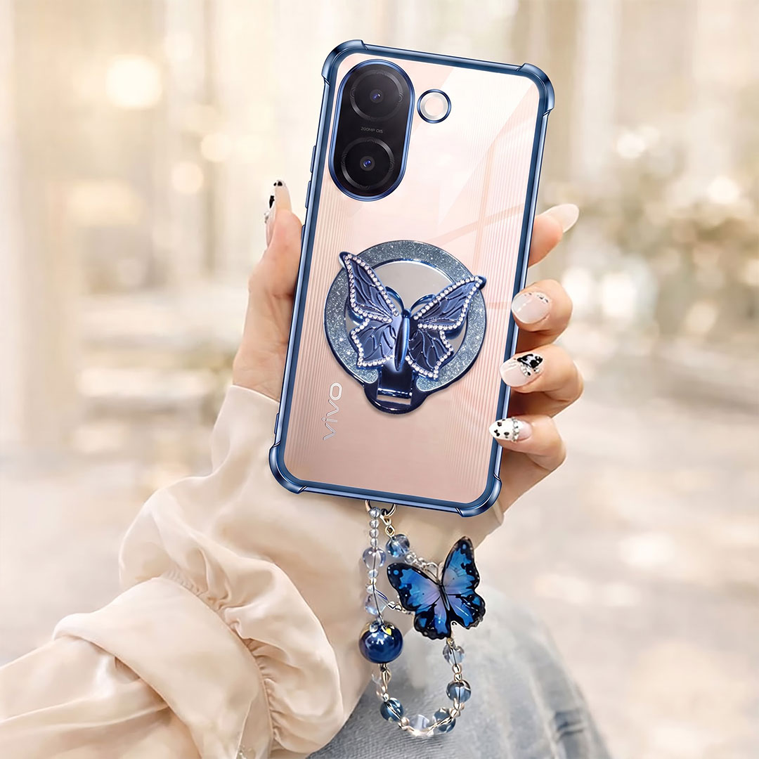 Vivo V60e 5G Transparent Airbag Butterfly Stand Case with Charm Strap