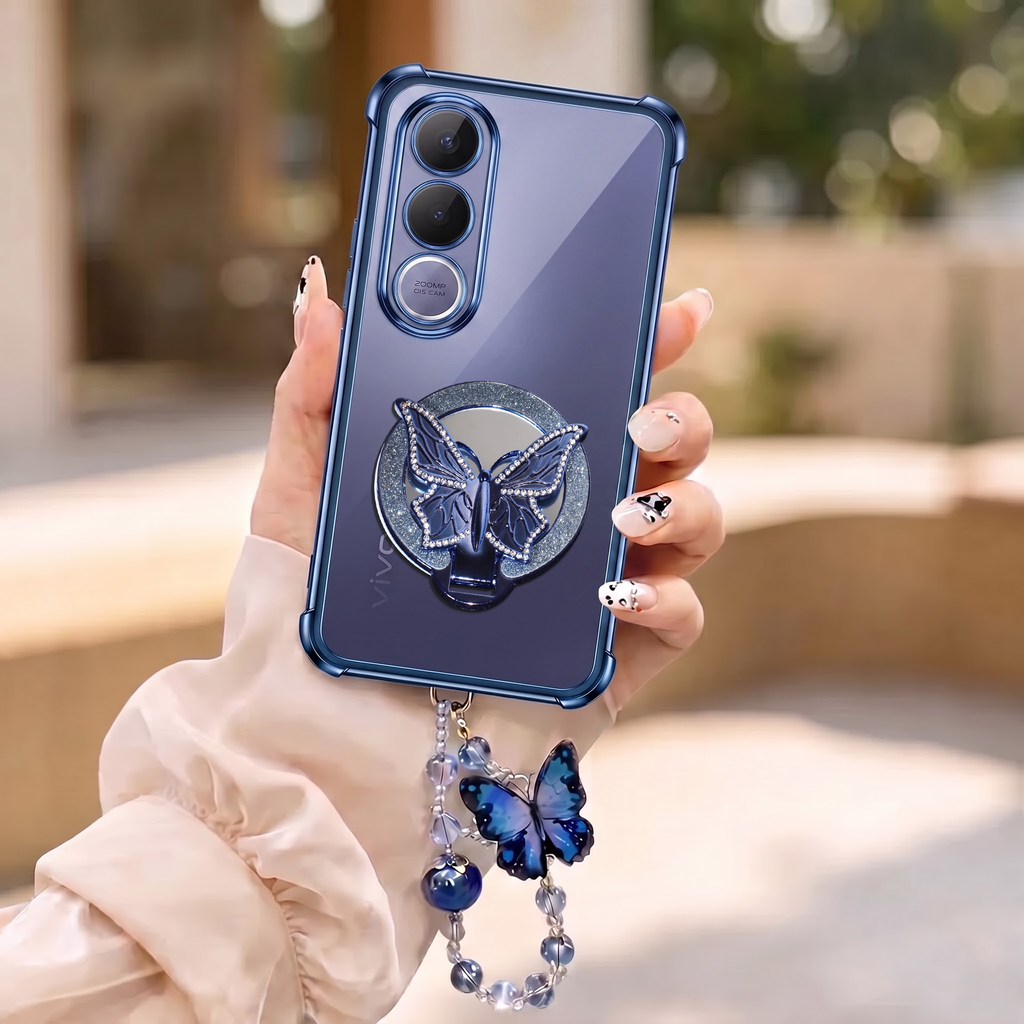Vivo V70 FE 5G Transparent Airbag Butterfly Stand Case with Charm Strap