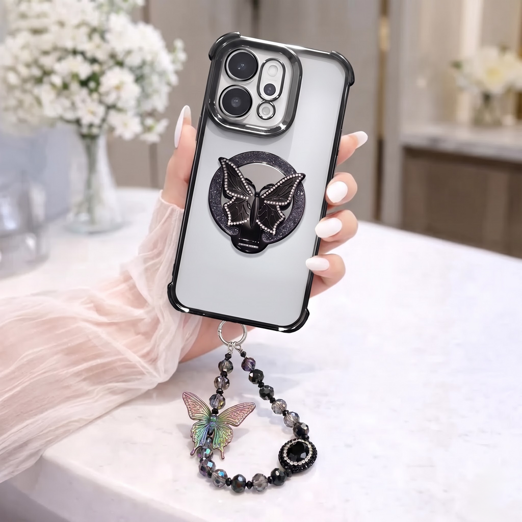 Oppo Reno 14 5G Transparent Airbag Butterfly Stand Case with Charm Strap