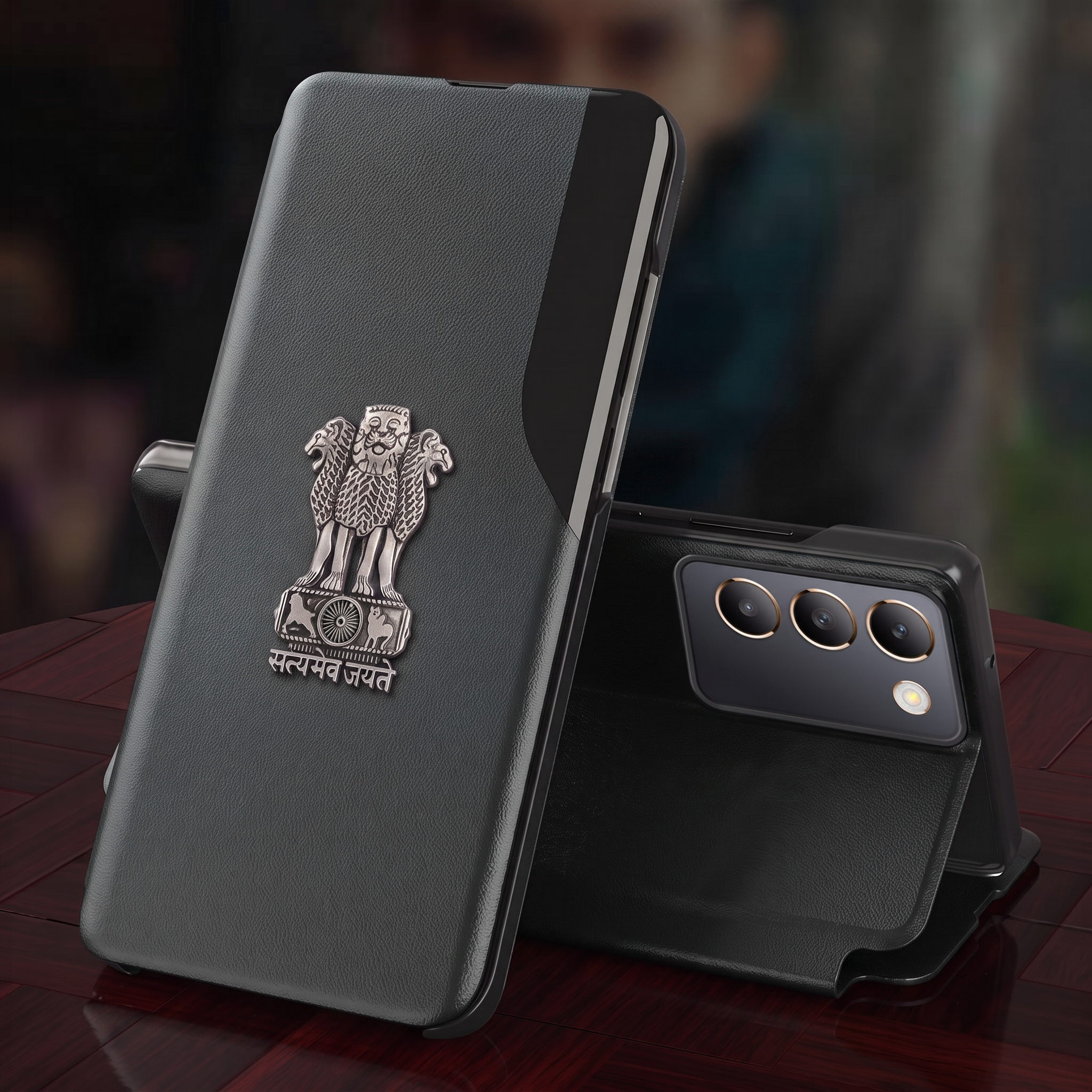 Vivo T3 5G Metal Emblem Satyamev Jayate Half Window Leather Flip Case