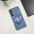 Blue phone case with a dollar sign design on a white surface