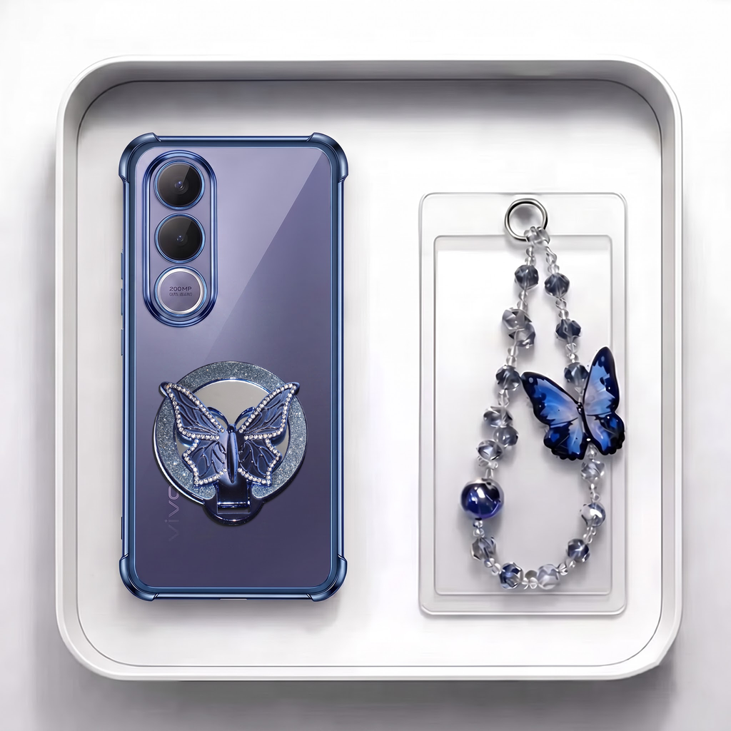Vivo V70 FE 5G Transparent Airbag Butterfly Stand Case with Charm Strap