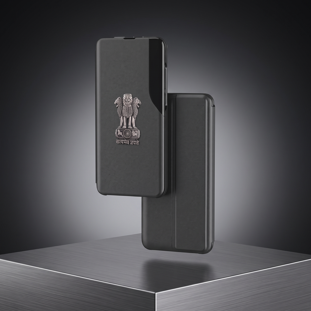Vivo T2 Pro 5G Metal Emblem Satyamev Jayate Half Window Leather Flip Case