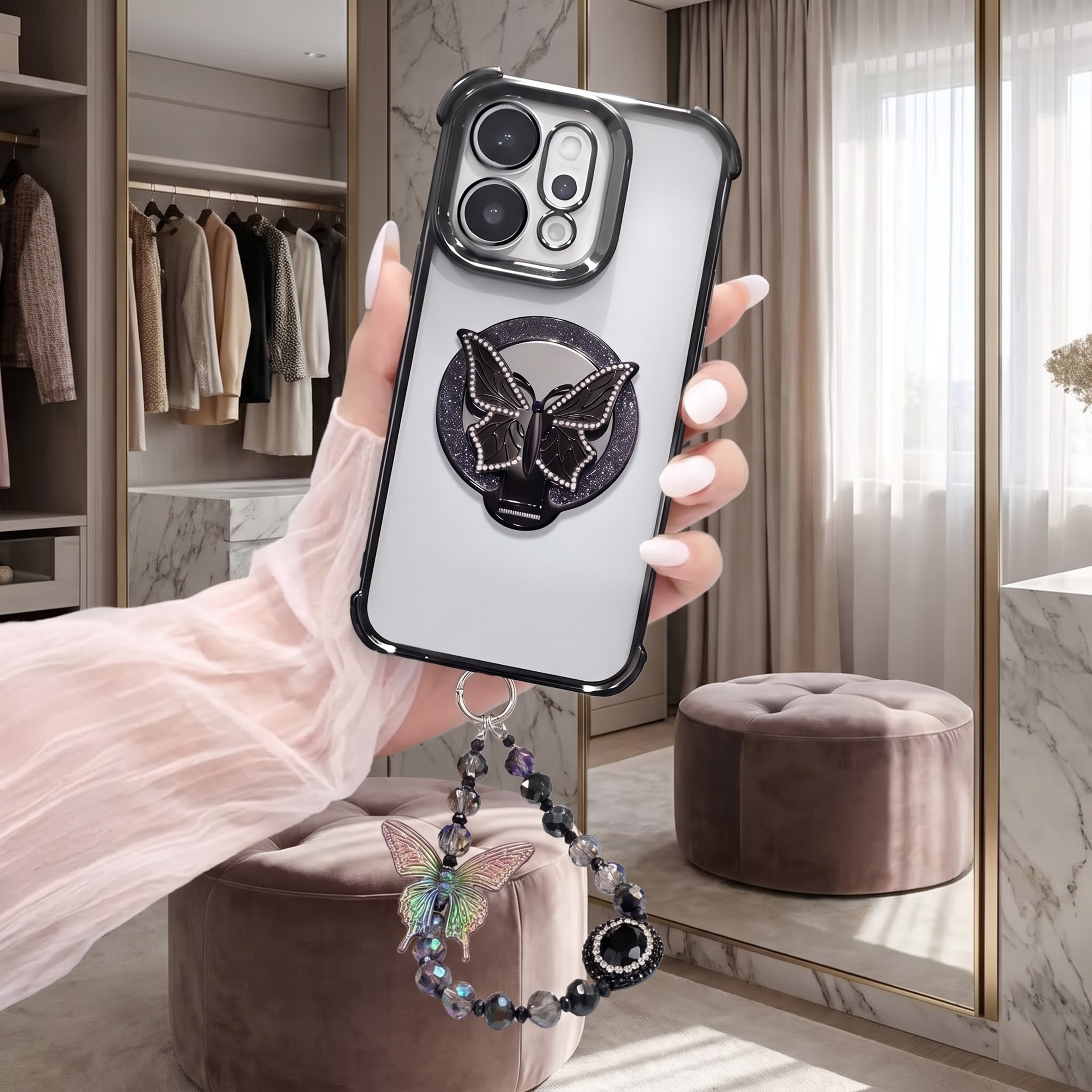 Oppo Reno 14 5G Transparent Airbag Butterfly Stand Case with Charm Strap