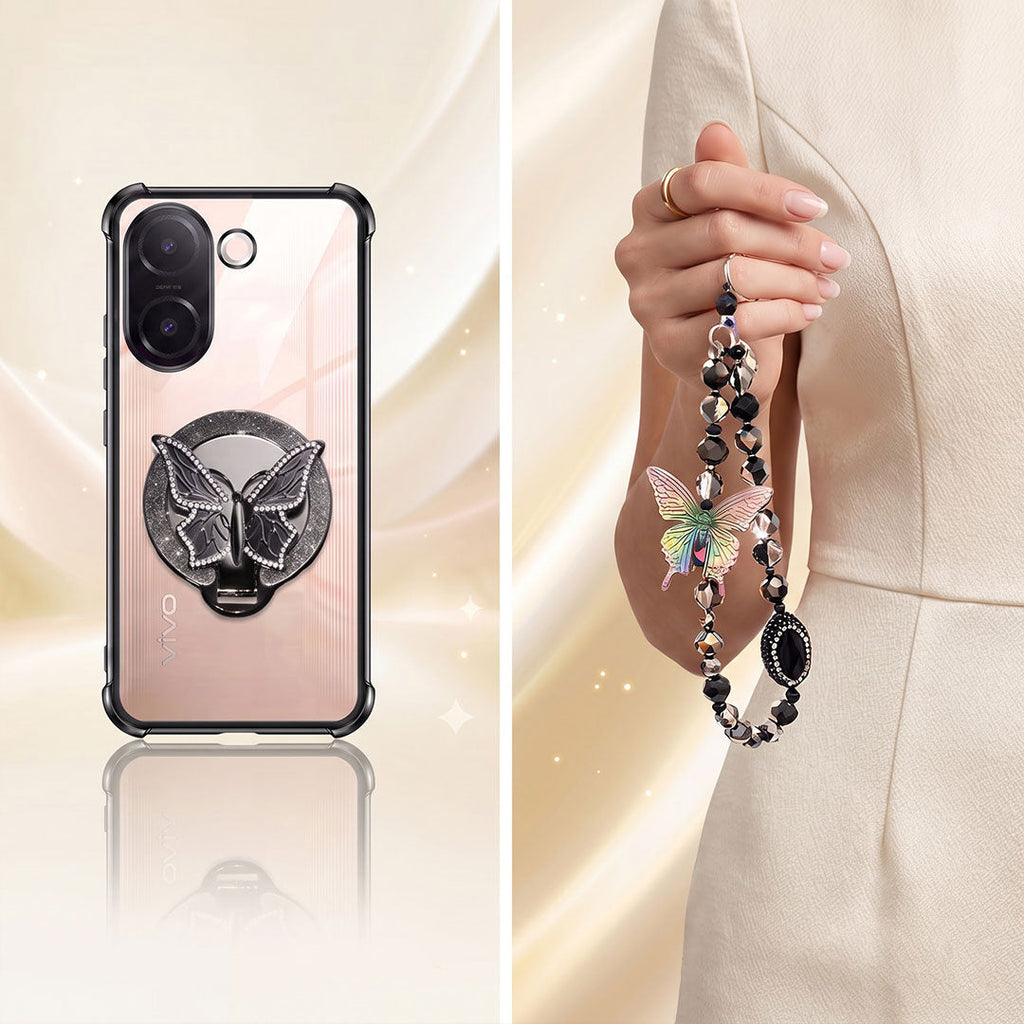 Vivo V60e 5G Transparent Airbag Butterfly Stand Case with Charm Strap