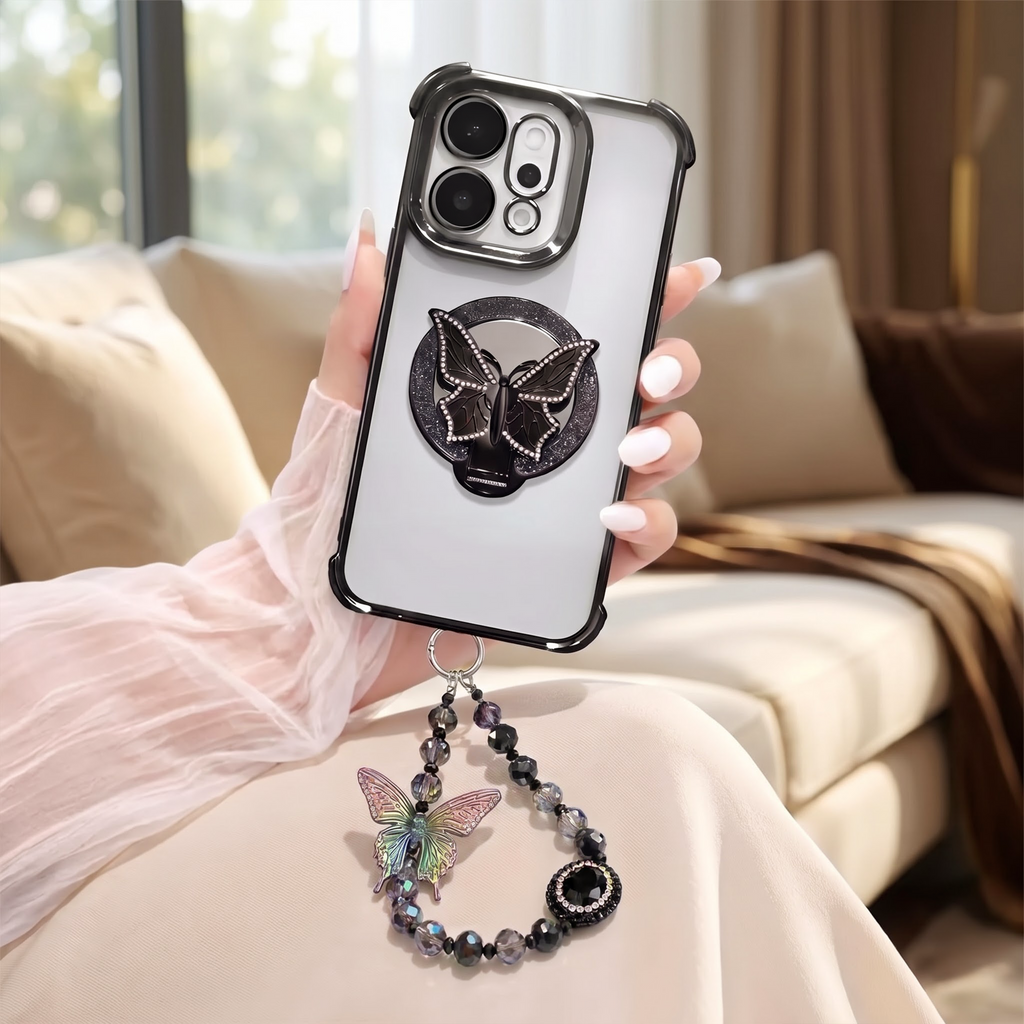 Oppo Reno 14 5G Transparent Airbag Butterfly Stand Case with Charm Strap