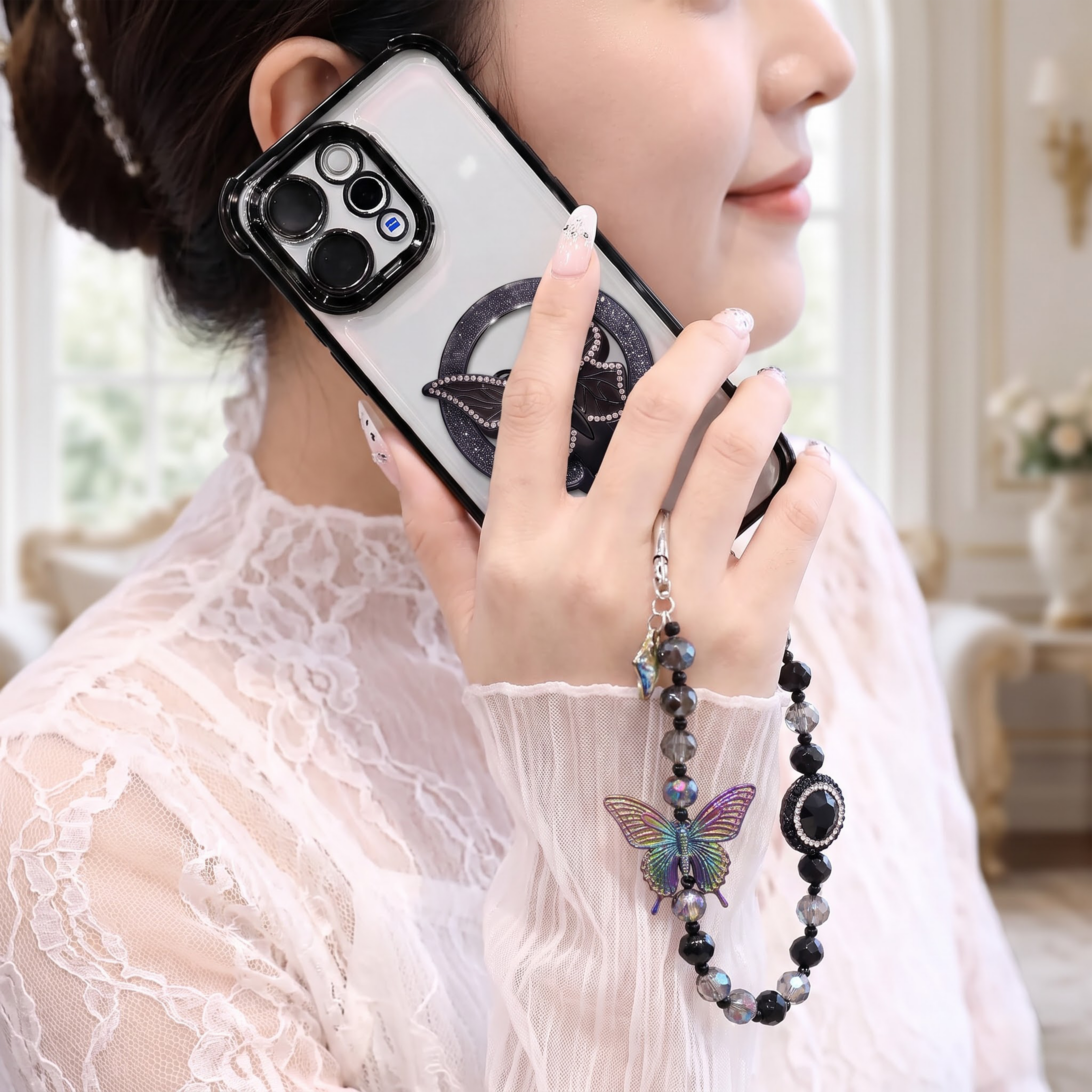 Vivo V70 5G Transparent Airbag Butterfly Stand Case with Charm Strap