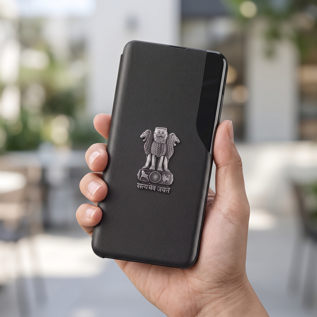 Redmi Note 13 Pro+ 5G Metal Emblem Satyamev Jayate Half Window Leather Flip Case