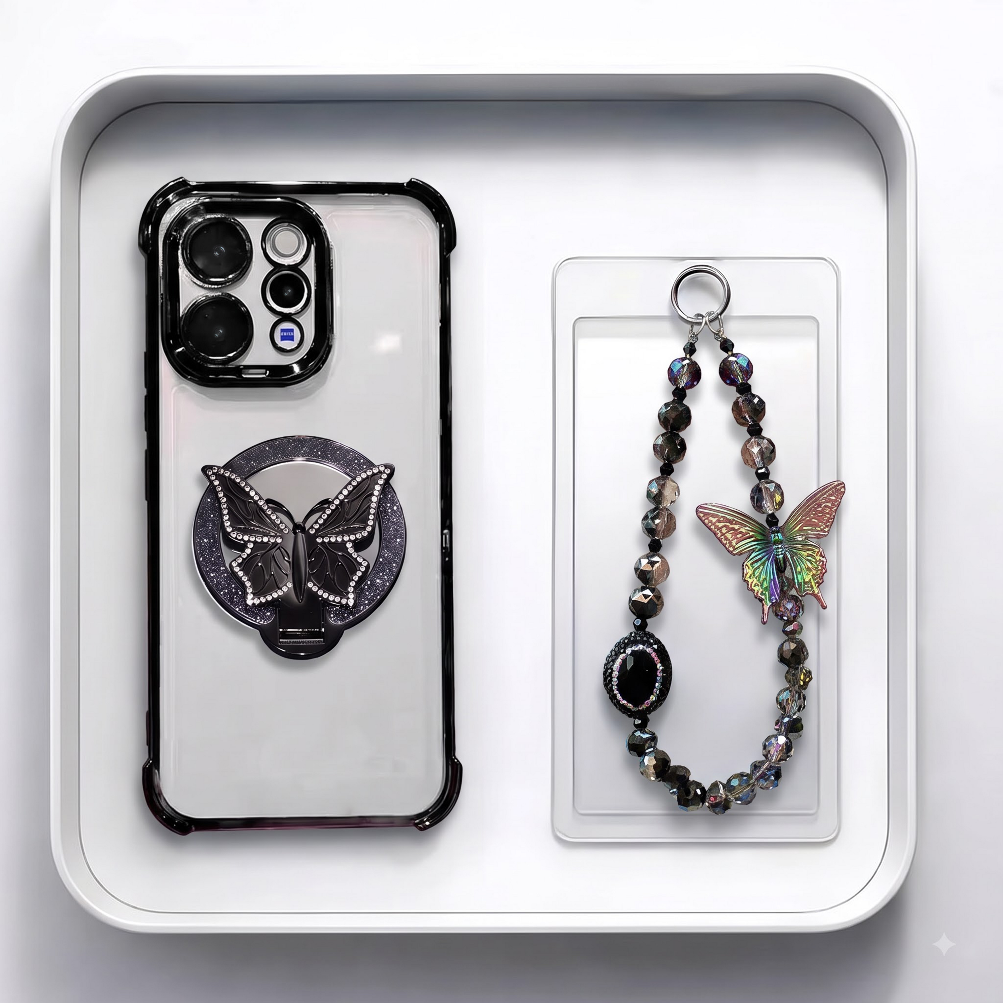 Vivo V70 5G Transparent Airbag Butterfly Stand Case with Charm Strap