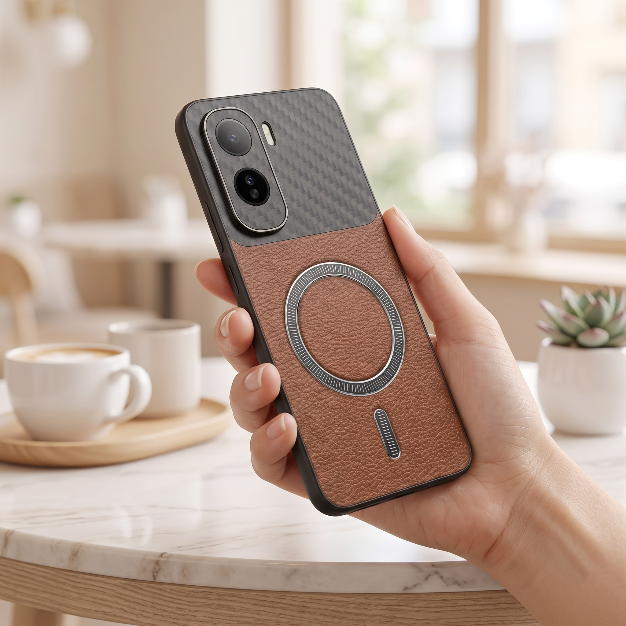 Vivo T5 Pro 5G Carbon Fiber Leather Hybrid MagSafe Magnetic Case