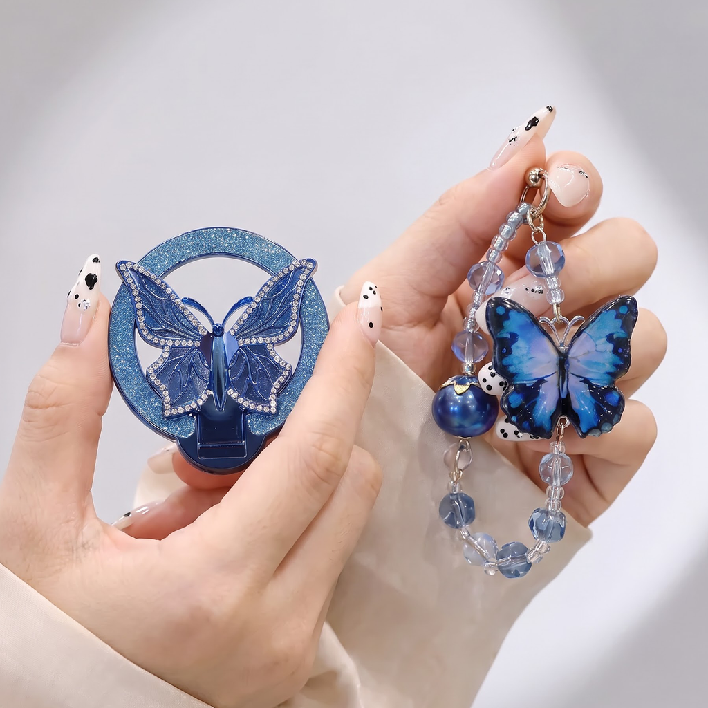 Vivo V70 FE 5G Transparent Airbag Butterfly Stand Case with Charm Strap