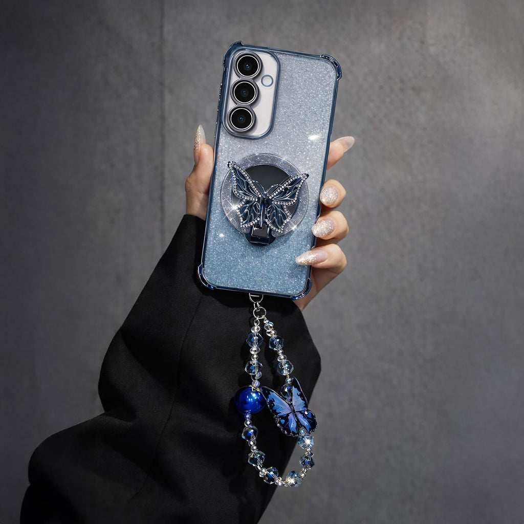 Samsung Galaxy A36 5G Shockproof Shimmer Butterfly Stand Case with Charm Strap