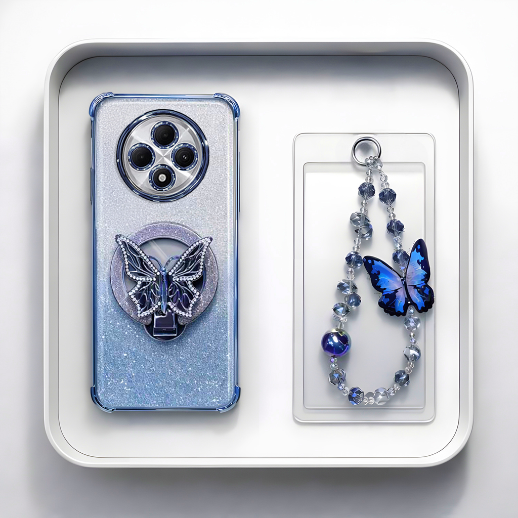 Oppo F27 Pro+ 5G Shockproof Shimmer Butterfly Stand Case with Charm Strap