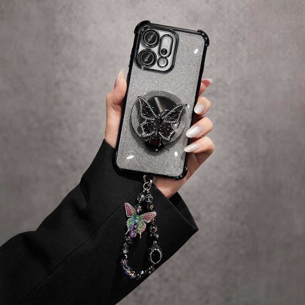 Oppo Reno 14 5G Shockproof Shimmer Butterfly Stand Case with Charm Strap